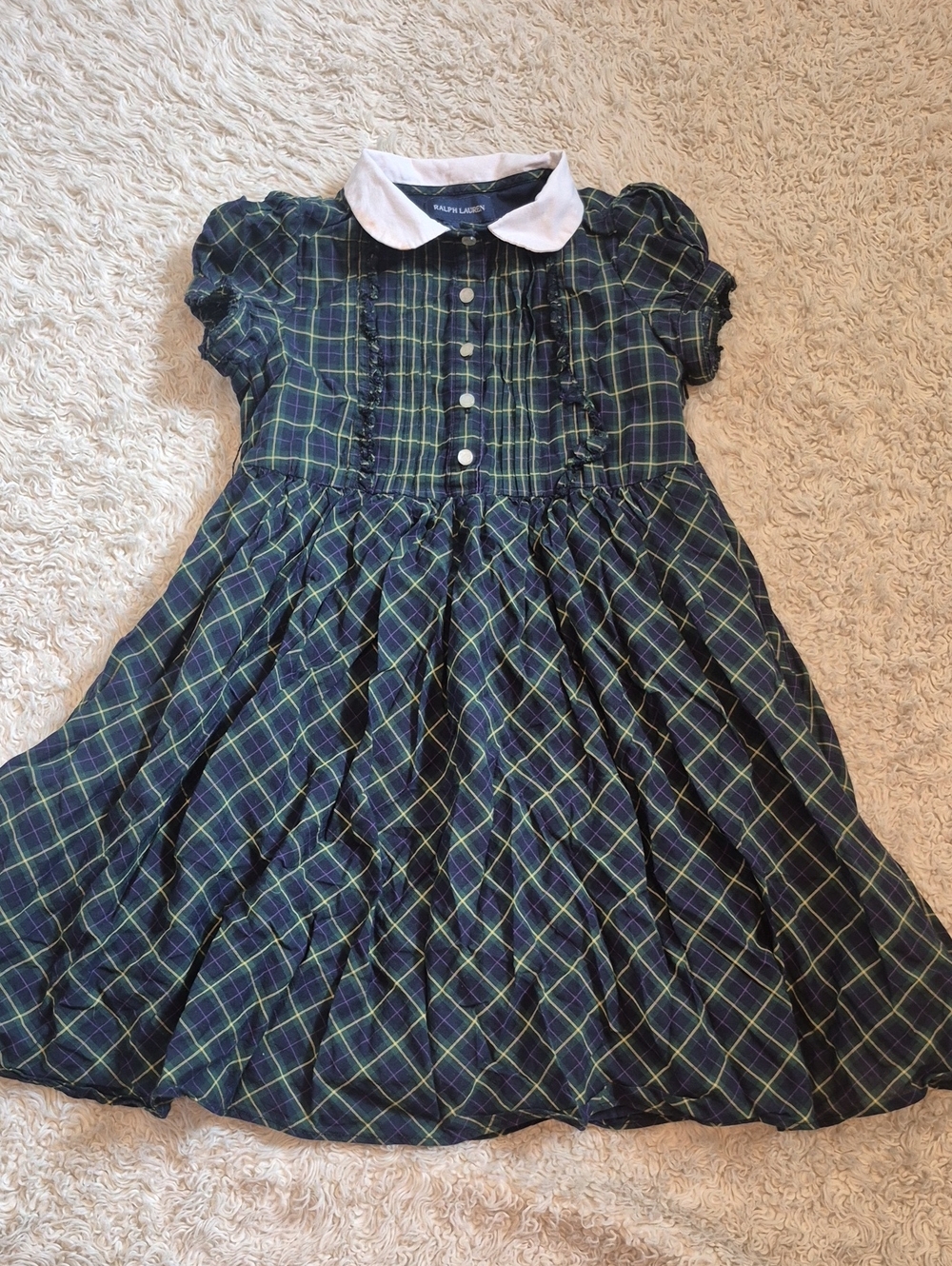 RALPH LAUREN tuxedo Pleat Ruffle Plaid Dress 5 Peter Pan Collar Short Puff Sleve